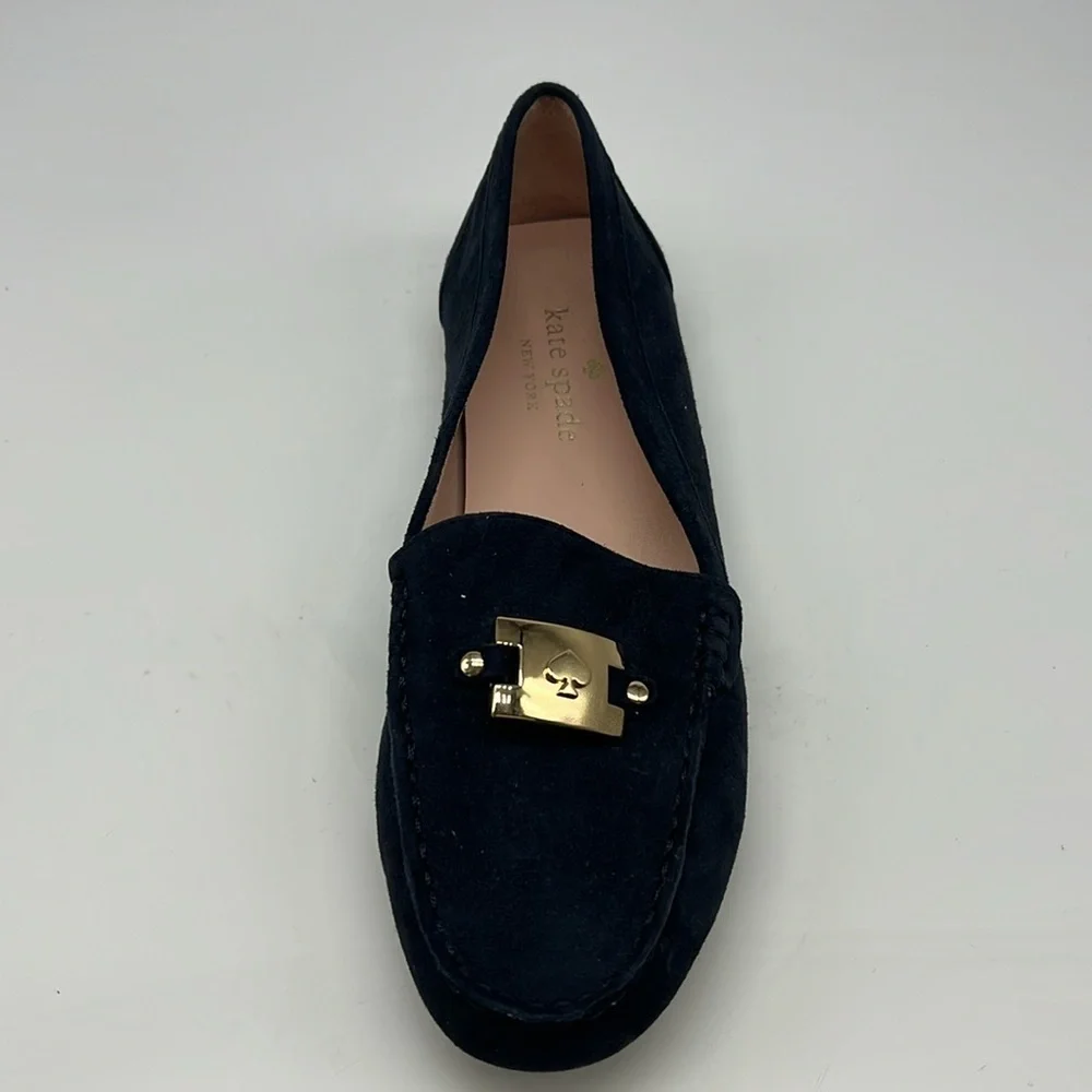 Kate Spade - Carmen Navy Suede Gold Logo Round Toe Driving Loafer Size 8